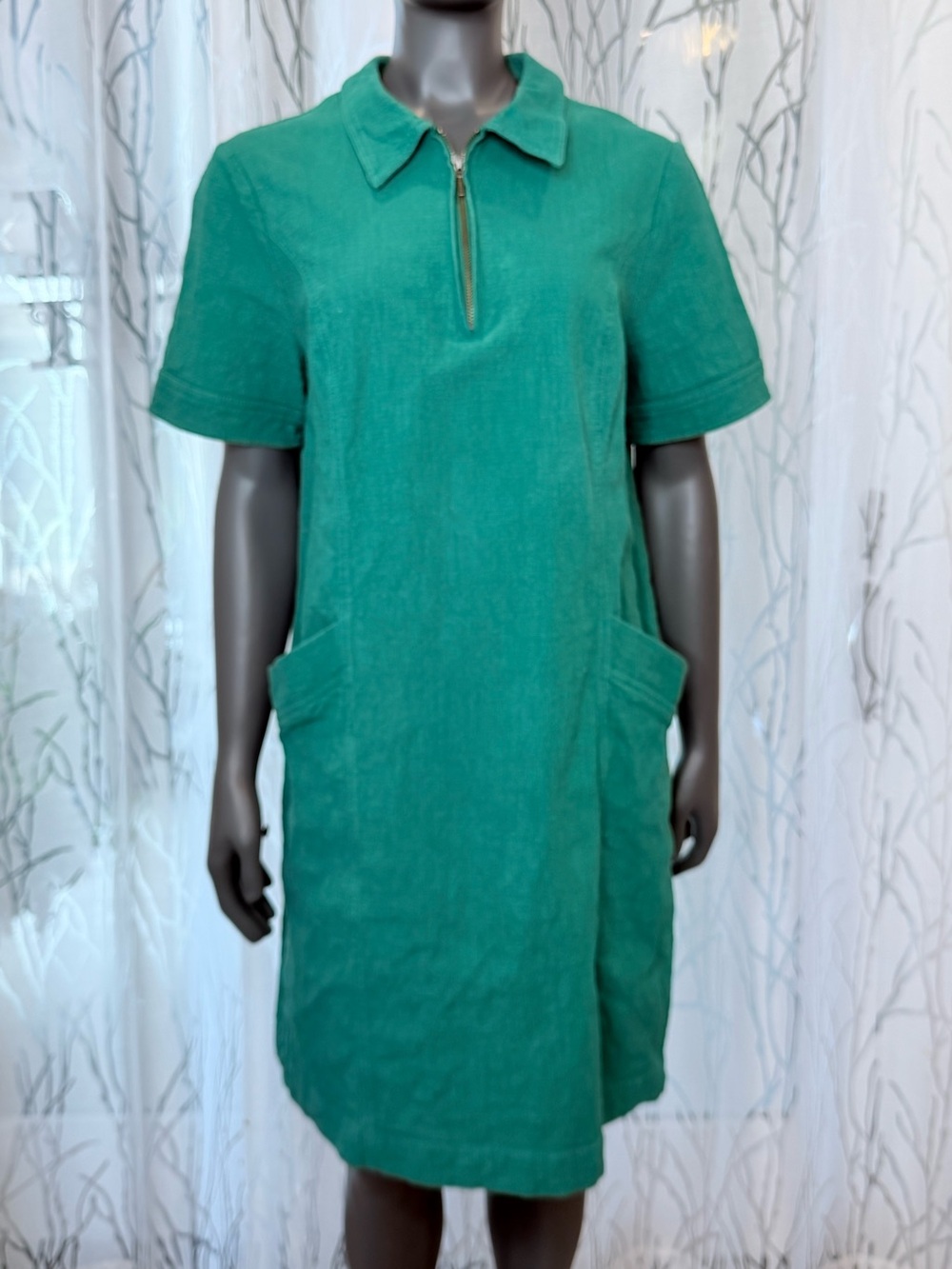 Boden Green Zip Up Collar Shift Dress with Pockets Mod Retro Cotton Size 12 L